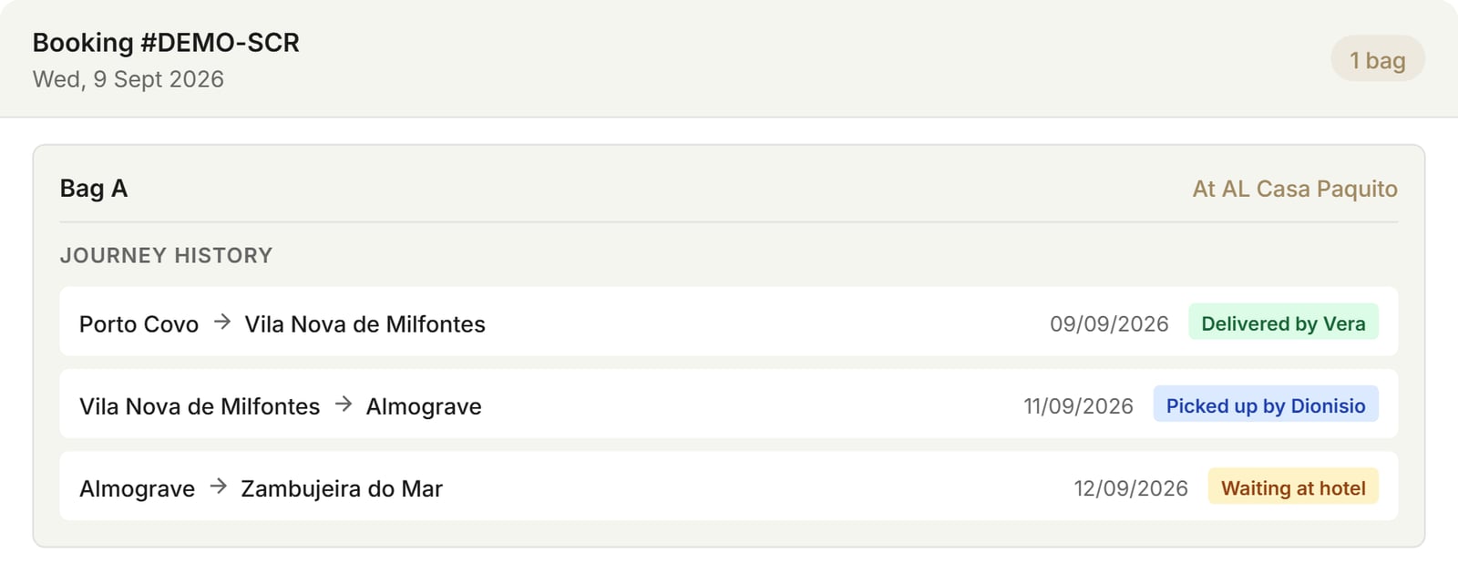 Screenshot of the Traking customer area showing a bag's journey history