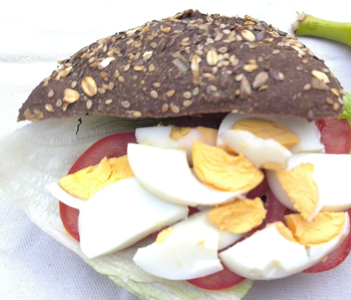 Traking Transfers Vegetarian Sandwich: boiled egg, lettuce and tomato on dark seeded bread